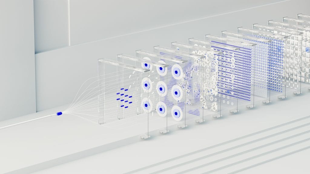 Rows of illuminated server hardware in a data centre, representing AI infrastructure